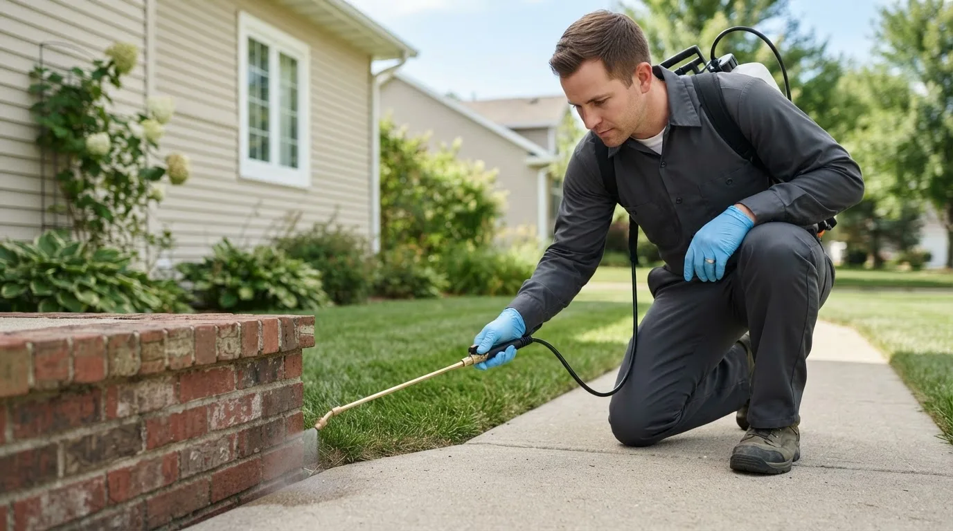 Pest control technician treating a home near Filer, ID